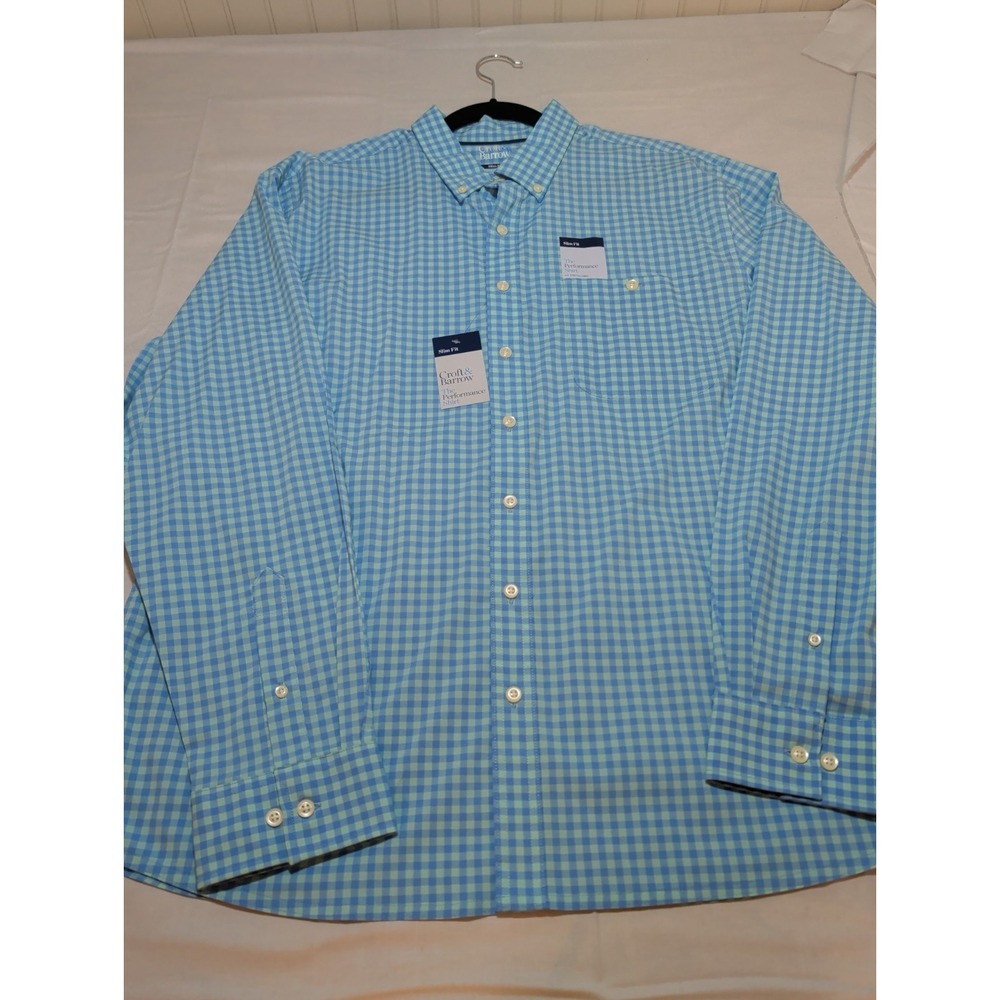 Croft & Barrow Mens XL Blue Gingham Performance Dress Shirt Slim Fit NWT